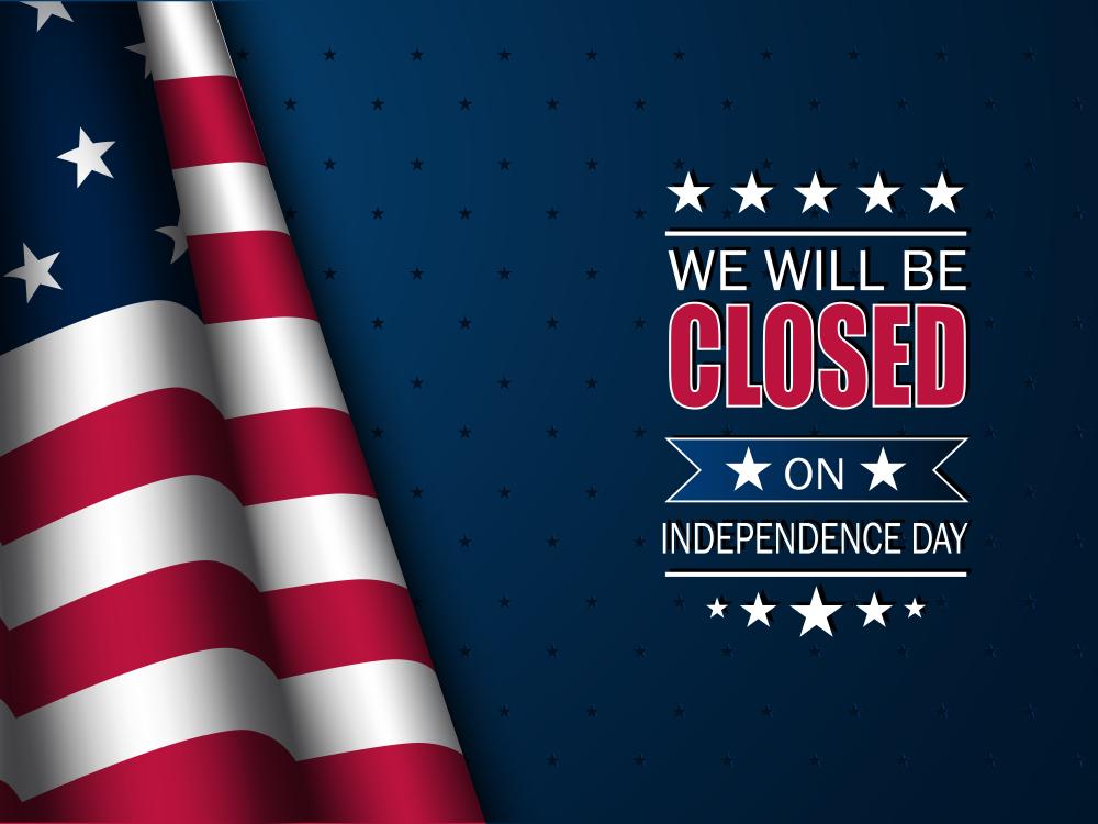 American Flag with Blue Background and Text That Reads Closed for Independence Day