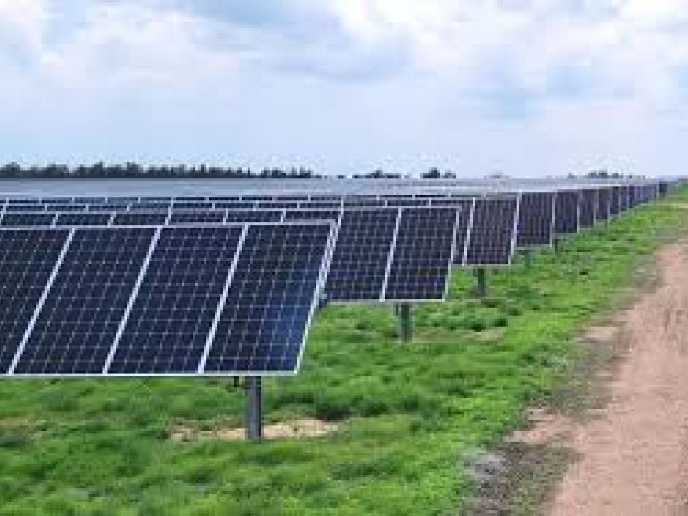 Solar Panels aligned next to a dirt access road