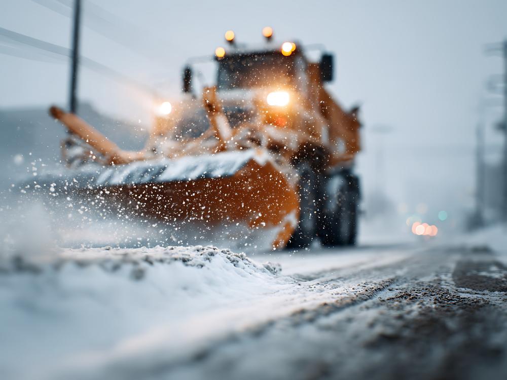 Snow plow driving down snowy road